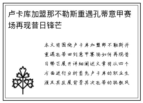 卢卡库加盟那不勒斯重遇孔蒂意甲赛场再现昔日锋芒