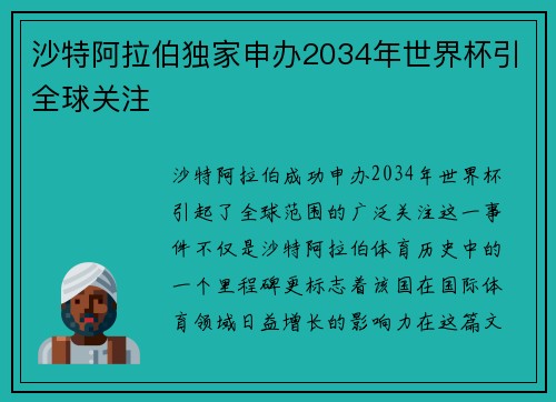 沙特阿拉伯独家申办2034年世界杯引全球关注